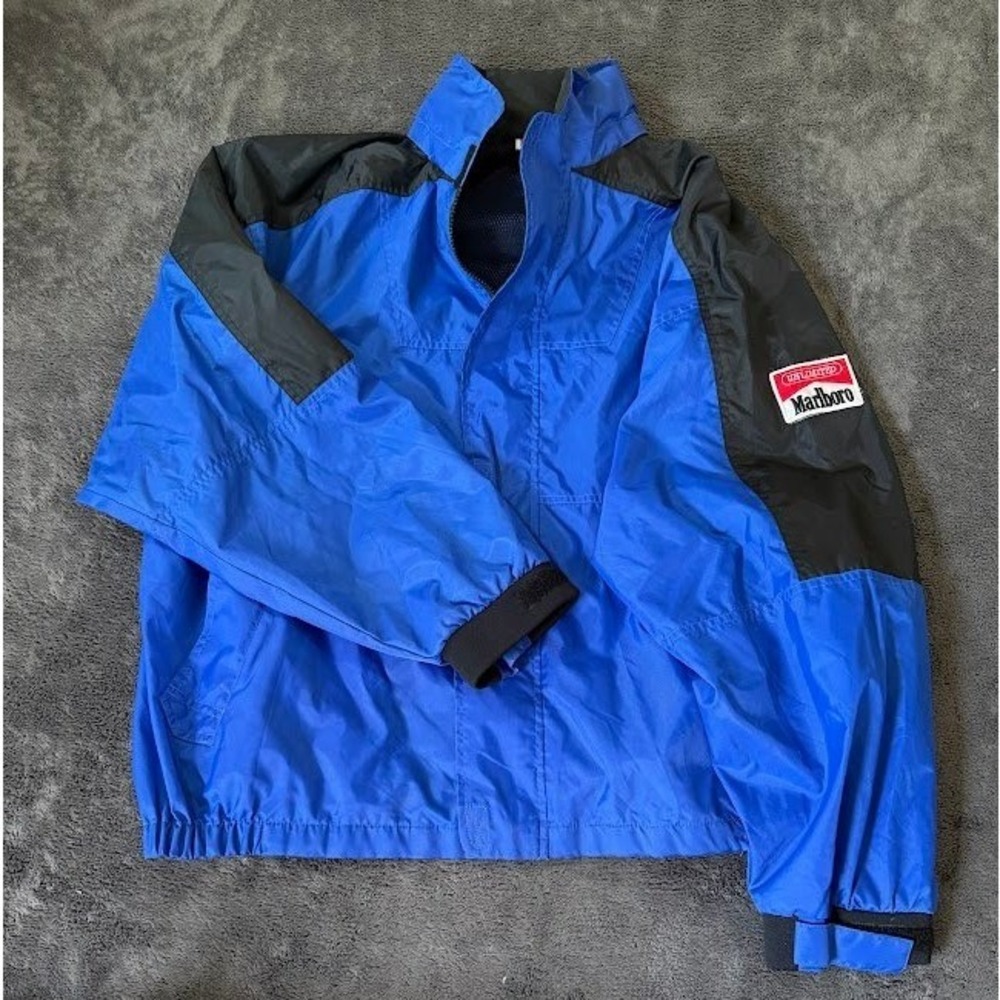 Vintage Marlboro Unlimited Windbreaker Jacket Blue Black Nylon Mens Size XXL